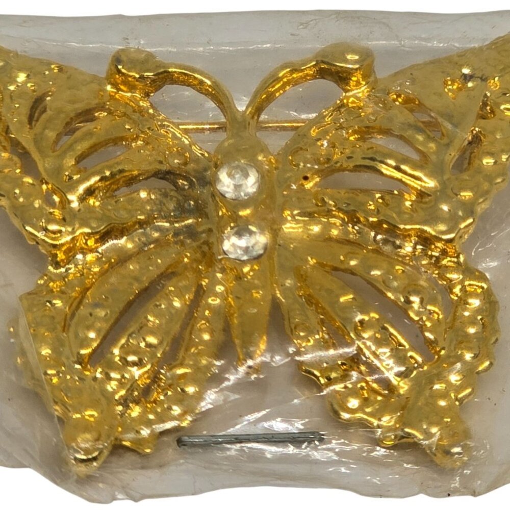 Vintage Gold Tone Butterfly Brooch w/ Rhinestones‎ – NOS – Costume Jewelry Pin